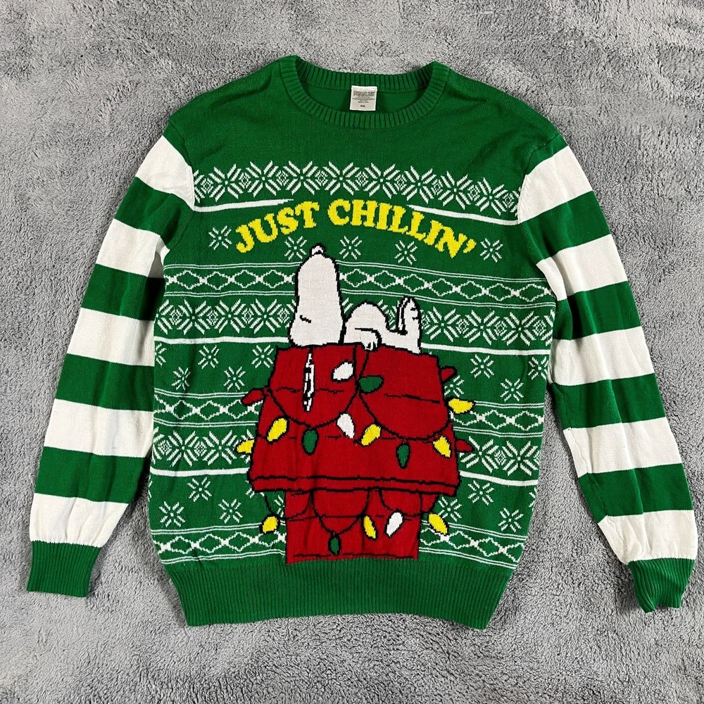 Peanuts Snoopy Christmas Just Chillin Sweater Mens XXL Green White Striped Knit